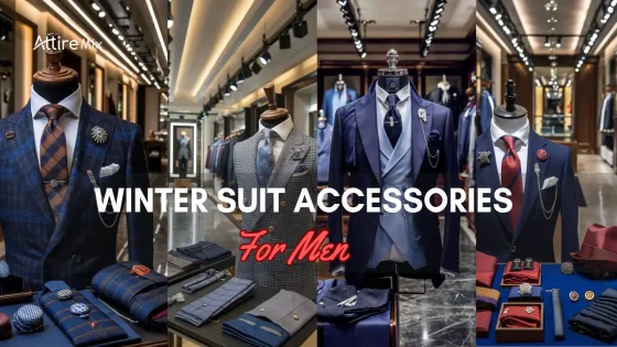 Collage of Winter Suit Accessories For men featuring navy and gray suits with stylish accents.