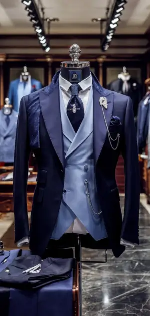 Navy suit with brown striped tie, lapel pin, and chain accessory
