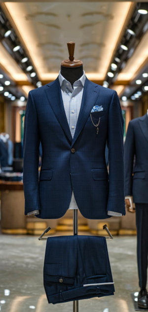 Sophisticated formal suit for winter showcased in a premium fashion store