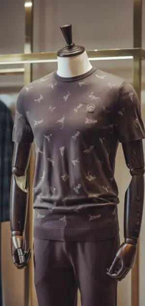 Black T-shirt with subtle graphic patterns for men.