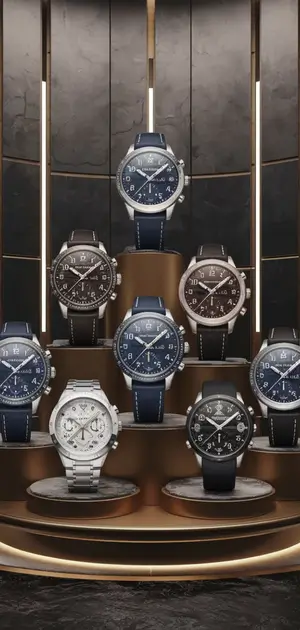 Sophisticated men's watches displayed in a modern, arched showcase