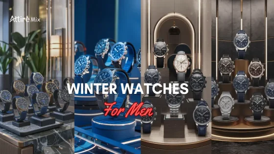 Display of Winter Watches For men on a marble counter with modern lighting
