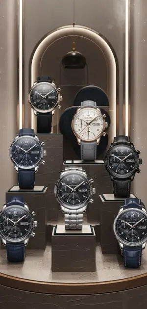 Close-up view of men's winter watches in a luxury glass display