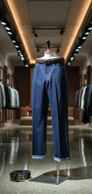 Navy blue jeans displayed with a belt in a luxurious store.