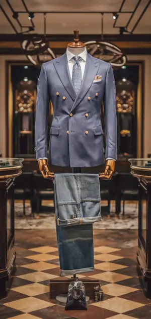 Double-breasted blazer paired with folded denim jeans.