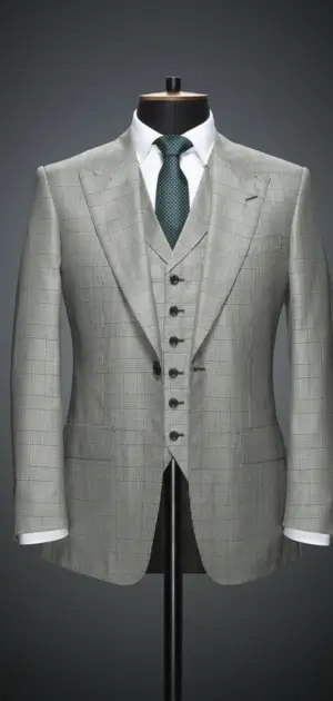 Formal mens clothing suits, a Three-piece checkered polyester suit with a green tie and sharp tailoring.