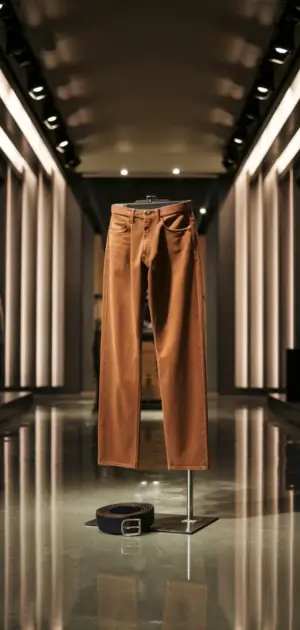 Brown jeans displayed in a luxurious retail interior.