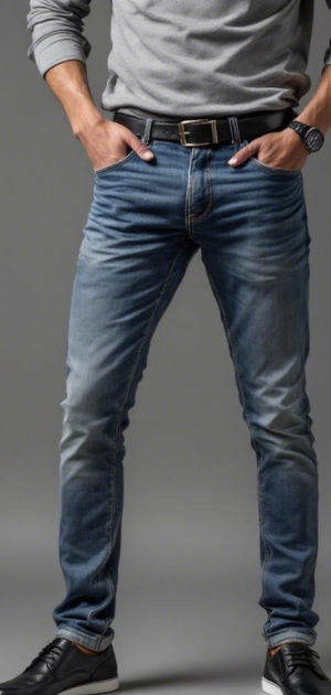 Man wearing slim-fit blue jeans with a grey long-sleeve shirt and black sneakers