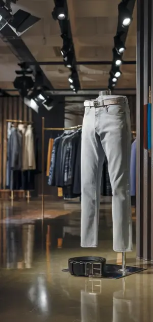 Light gray jeans paired with a belt in a modern store