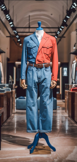 Mannequin featuring spring jeans with a beige blazer and denim shirt in a fashion store.