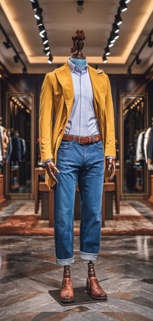 Mannequin showcasing spring jeans with a half-red, half-blue blazer in a premium store.