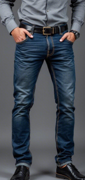 Man in dark blue slim-fit jeans with a button-up shirt and black dress shoes