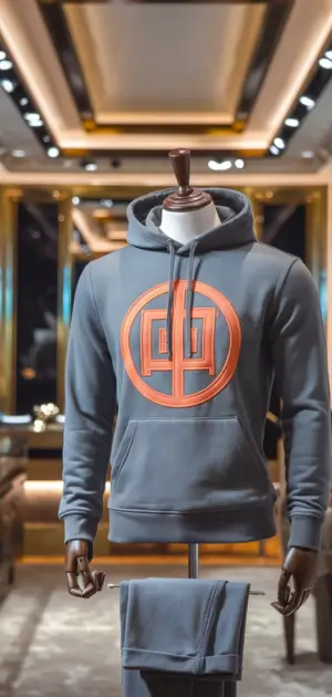 Gray hoodie featuring a bold orange circular logo.