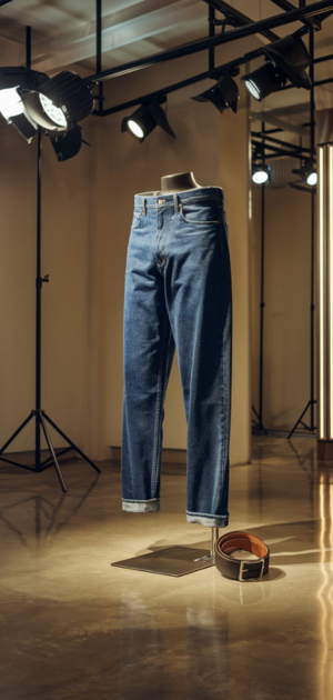 Tailored indigo jeans styled with a belt in a modern fashion showroom