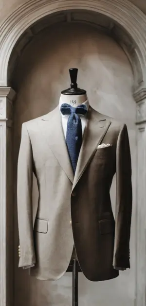 A beige formal suit paired with a navy tie, highlighting a classic neutral palette.