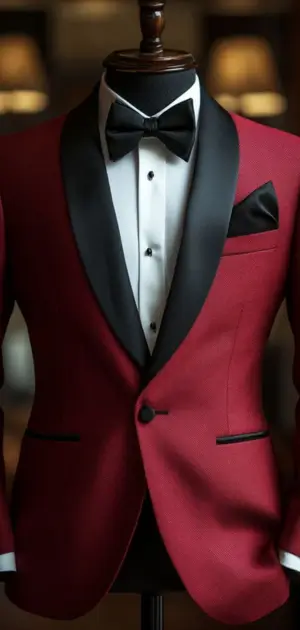 Black and red formal suits for men satin lapels, bow tie, and pocket square on a mannequin.