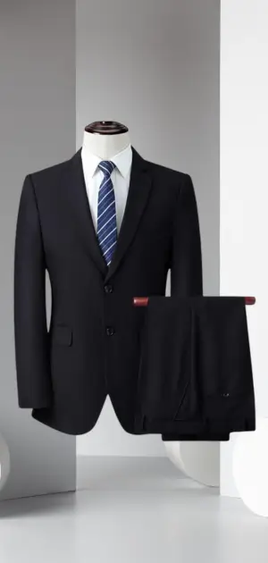 Classic black formal suit with a white shirt, blue striped tie, and matching trousers.