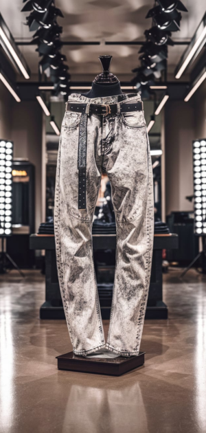 Slim-fit acid-wash jeans with a black belt in a spotlighted retail setup
