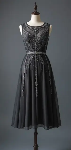 Dark grey A-line dress with silver embroidery