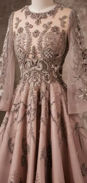 Pink A-line dress with intricate silver embroidery
