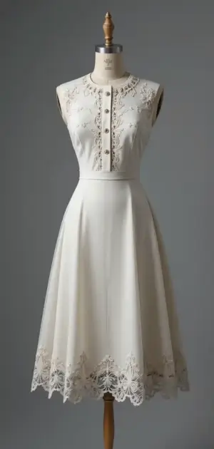 Sleeveless ivory A-line dress with embroidered bodice