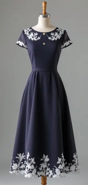 Navy A-line dress with white embroidered accents