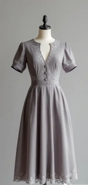 Grey A-line dress with short puff sleeves and embroidered details