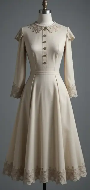 Beige long-sleeved A-line dress with lace collar and hem