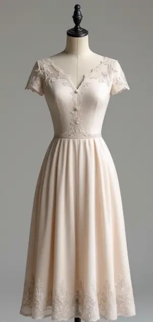 Beige A-line dress with V-neckline and floral embroidery