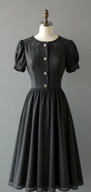 Black A-line dress with puff sleeves and embroidery