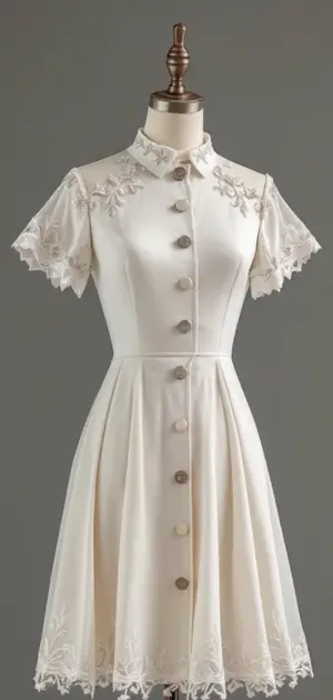 Short-sleeved cream A-line dress with lace embroidery
