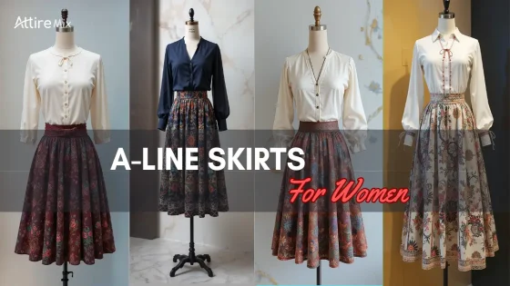 A-line skirts for women in different prints and colors, styled with blouses.