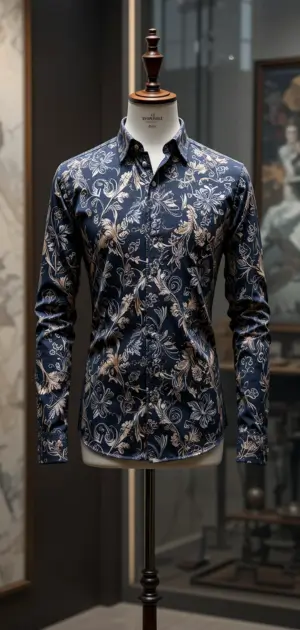 Mannequin in a navy blue shirt with a white floral design in a boutique.