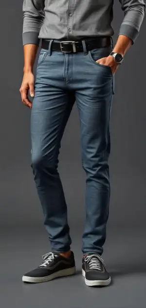 Man in blue athletic-fit jeans with a black belt and casual sneakers
