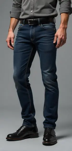 Man in dark blue athletic-fit jeans with a black belt and polished dress shoes