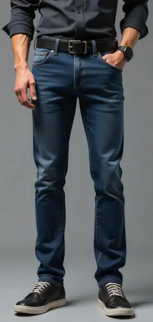 Man in dark blue athletic jeans with a black belt and sneakers.