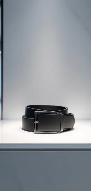 Black leather belt with silver buckle on a sleek white platform