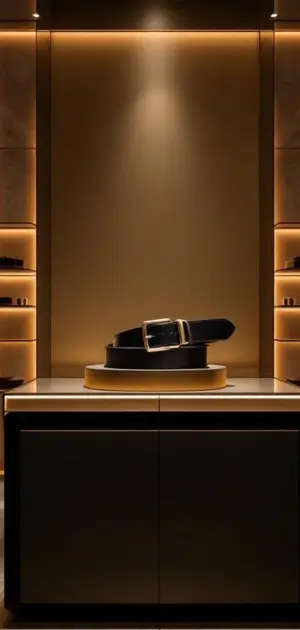 Black Ralph Lauren belt with a silver buckle in a gold-lit display.