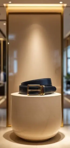 Tommy Hilfiger belt with a gold buckle on a white marble pedestal