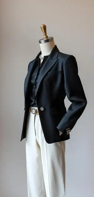 Black blazer styled with white trousers