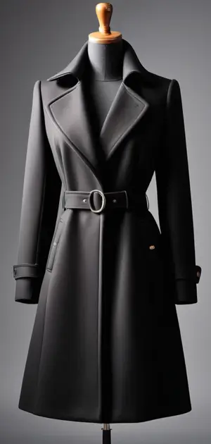 Double-breasted black coat with belt for women