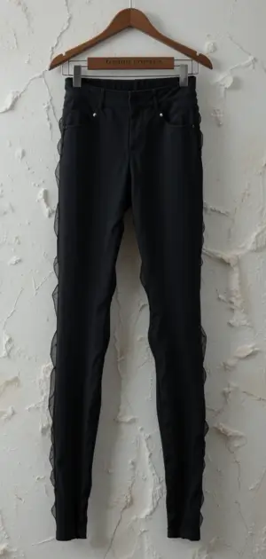 A pair of black leggings with mesh panel detailing hanging on a wooden hanger against a textured white wall.