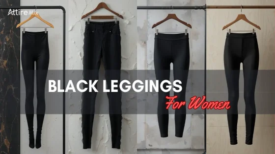 A collection of black leggings for women is displayed on hangers with varied designs.