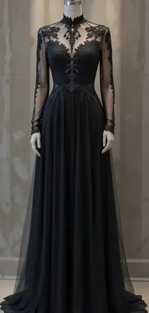 Long black dress with detailed lace and embroidery