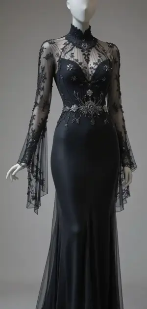 Black fitted dress with floral lace design