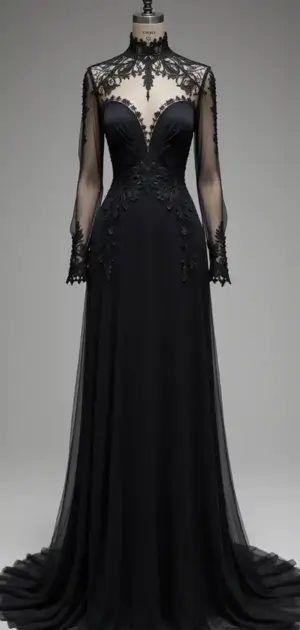Black dress with sheer lace and a high neckline