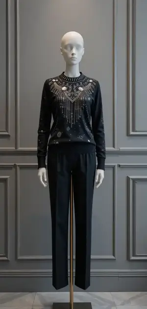 Slim mannequin in a fitted black sweater with silver bird design