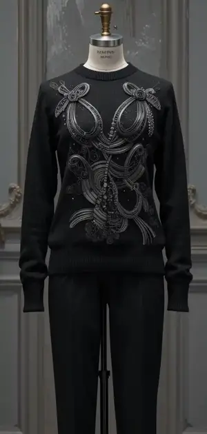Mannequin displaying a black sweater with floral embroidery and trousers