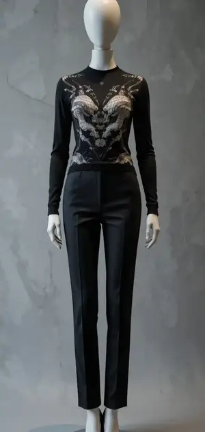 Mannequin in black sweater with detailed beadwork and trousers