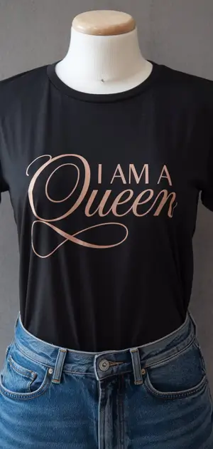 Black t-shirt with "I Am A Queen" script in gold